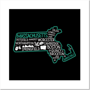 Massachusetts Barnstable cute map Lowell Lawrence Lynn Worcester Springfield Posters and Art